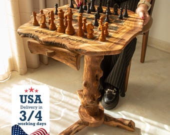 Handmade Olive Wood Chess Table with Storage & Chess Pieces