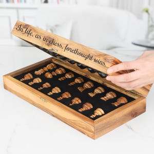 Personalized Olive Wood Chess Set: Folding Travel Game with Storage +GIFT BeesWax Kit