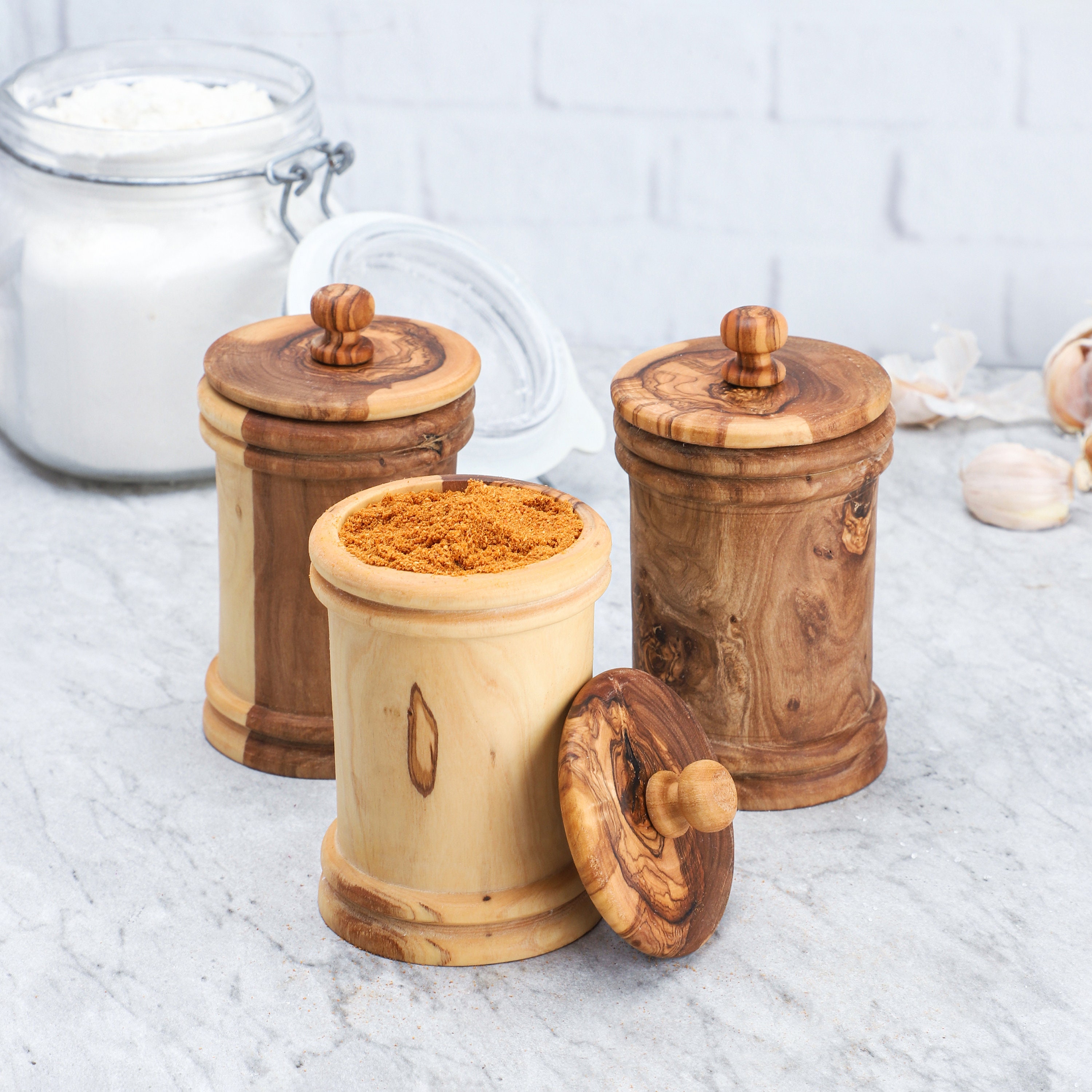 Set of 3 Wood Spice Jars Wooden Lids - Artisraw