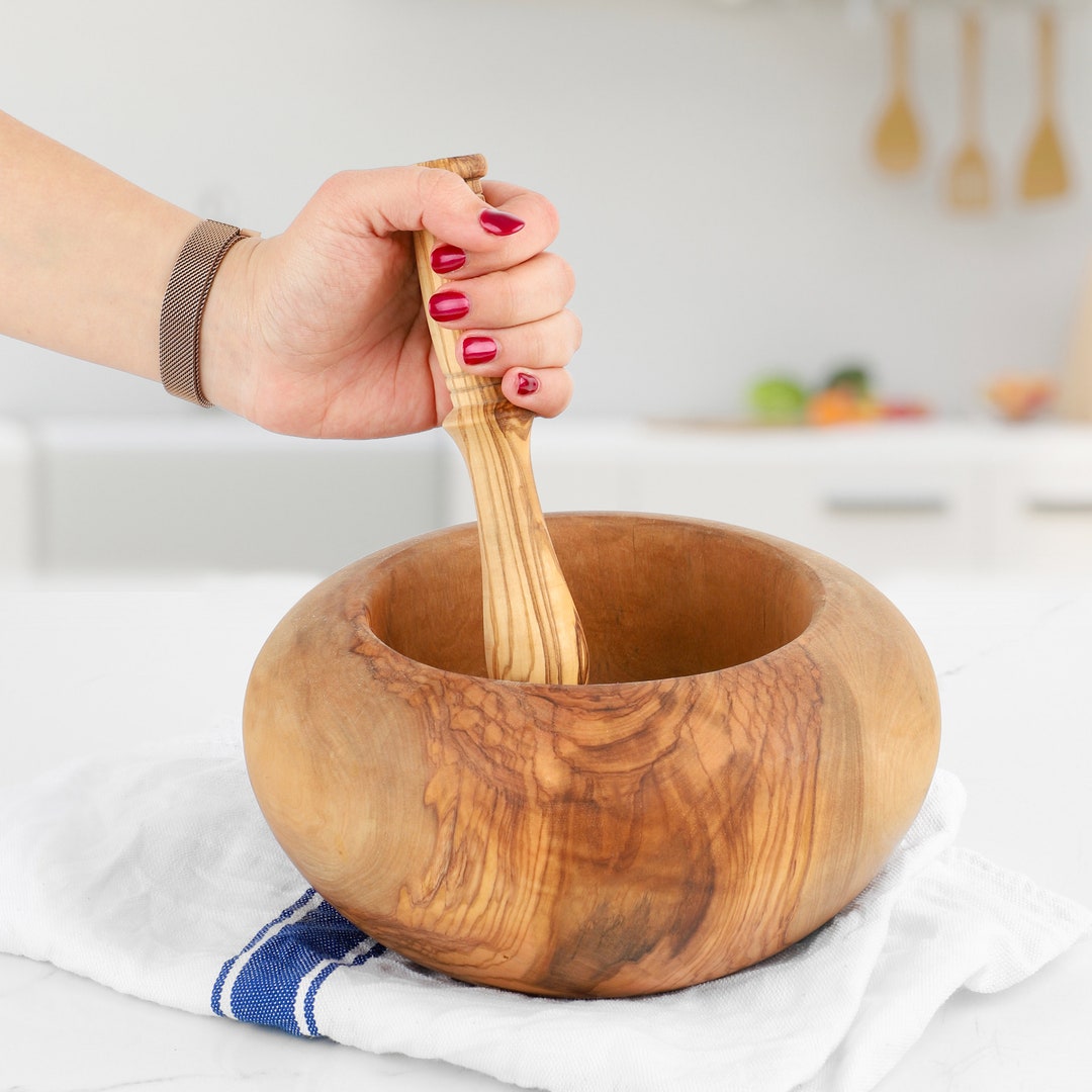 Large Mortar and Pestle Handmade From Olive Wood Cylindrical Pestle and