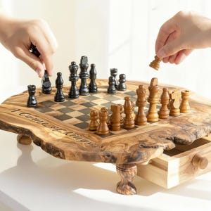 Jeu d'échecs fait main en bois d'olivier avec tiroirs de rangement + kit de cire d'abeille CADEAU