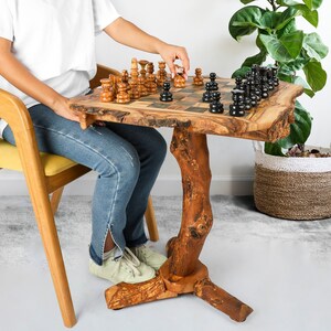 Large Olive wood Chess Board 16 x 16 Rustic Live Edge with 32  hand-crafted chess pieces + handmade Bag for pieces