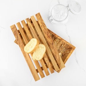 Olive Wood Bread Cutting Board with Crumb Catcher | Handmade French Bread Board | Gourmet Gift +FREE Beeswax Finish