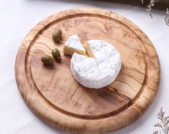 Olive Wood Round Cheese Board, Round Cutting Board/Cheese Tray/Pizza Board (+Free Personalization & Wood Conditioner)