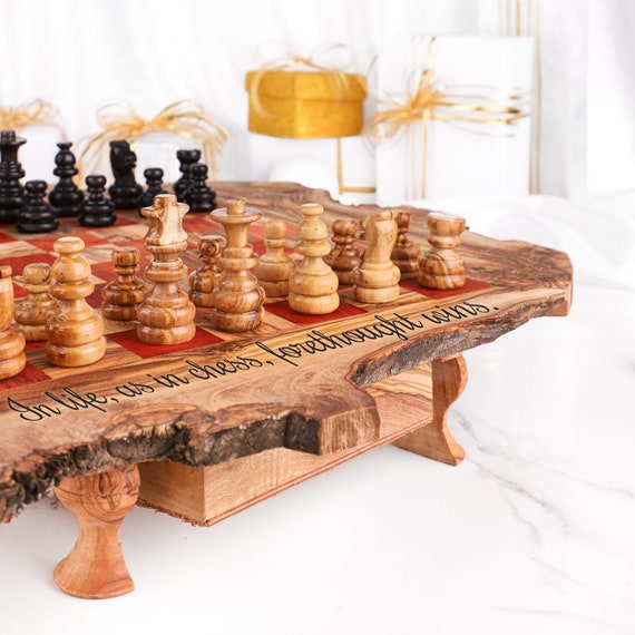 olive wood chess board with drawer