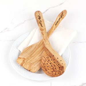 Handmade Tunisian Olive Wood Utensil Set: Large Spatula & Pierced Spoon
