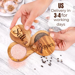 Small Salt and Pepper Cellar with pivoting lids handmade from Olive Wood, 2-Compartment Pinch Pot +FREE Personalization & Wood Conditioner
