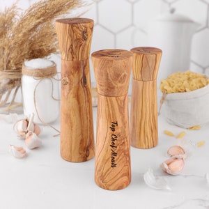 Custom Salt and Pepper Grinder handmade from Olive Wood | Wooden Pepper Mill (FREE Personalization + Organic Wood Finish)