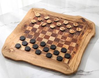 Rustic Olive Wood Checkers Board Game – Personalized Checkerboard with Optional Pieces + GIFT BeesWax Kit