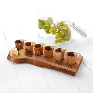 Set of 6 Shot Glasses with serving Board handmade from Olive Wood, Christmas Shot Glasses (+FREE ArtisRaw Wood Beeswax)