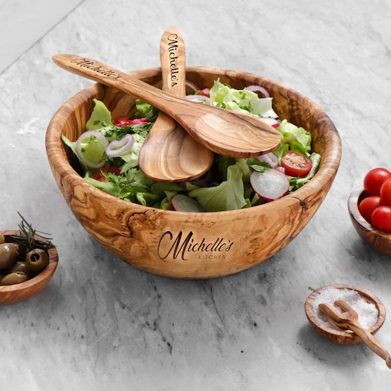 Personalized Olive Wood Salad Bowl Handmade Large Wooden Salad