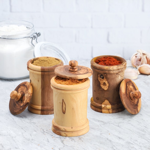 Set of 3 Spice Jars Handmade From Olive Wood / Spice Jar Set / Spice Box  Set / Wooden Salt Box / Salt Cellar With Lid FREE Wood Beeswax 