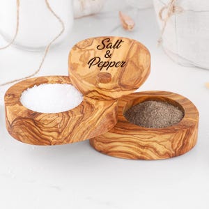 Handmade Olive Wood Salt & Pepper Cellar with Pivoting Lid | BBQ Seasonings Holder | FREE Personalization + Wood Conditioner