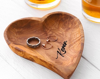 Handmade Olive Wood Heart Dish: Personalized Trinket Key Tray