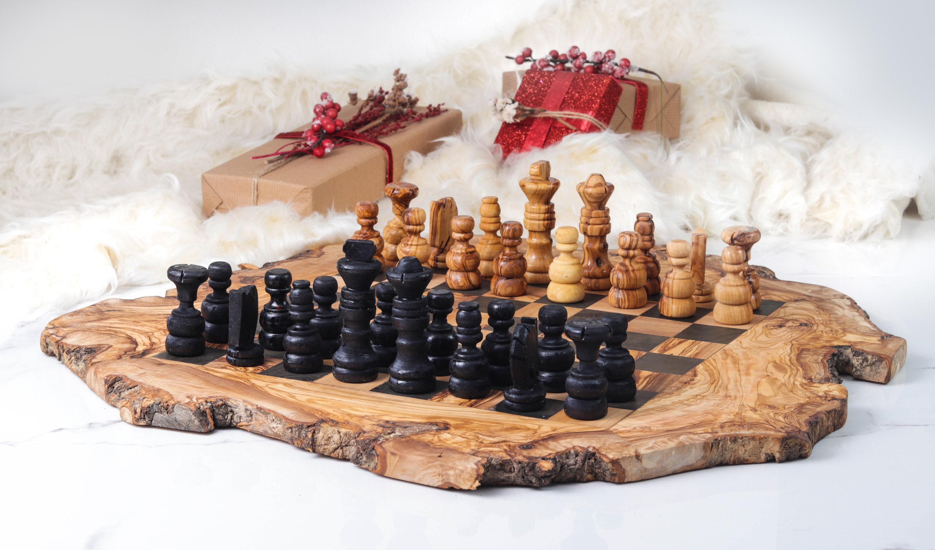 Olive Wood Rustic Chess Board Set with Resin Finish - Qartaj