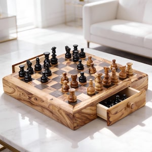 Olive Wood Chess Set, 8.3–15.3in Board, Storage Drawer, Live Edge, Optional Engraving