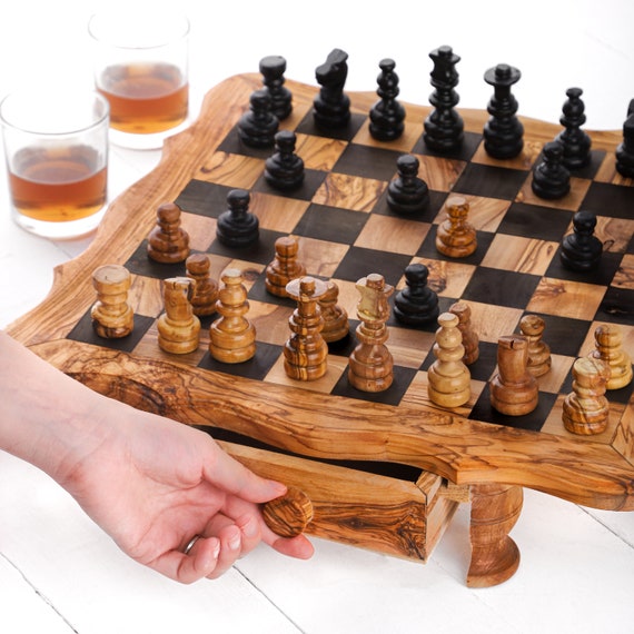 Olive Wood Rustic Chess Board Set with Resin Finish - Qartaj