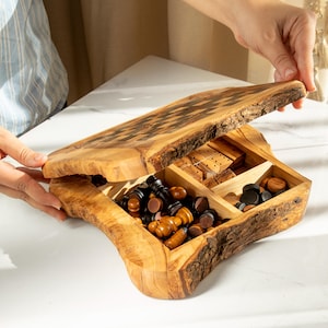 Personalized Olive Wood Board Game Set: 4-in-1 Chess, Checkers, Dominoes & Solitaire