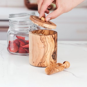 Round Salt Box Handmade of Olive Wood | Wooden Spice Cellar with Lid & Spoon
