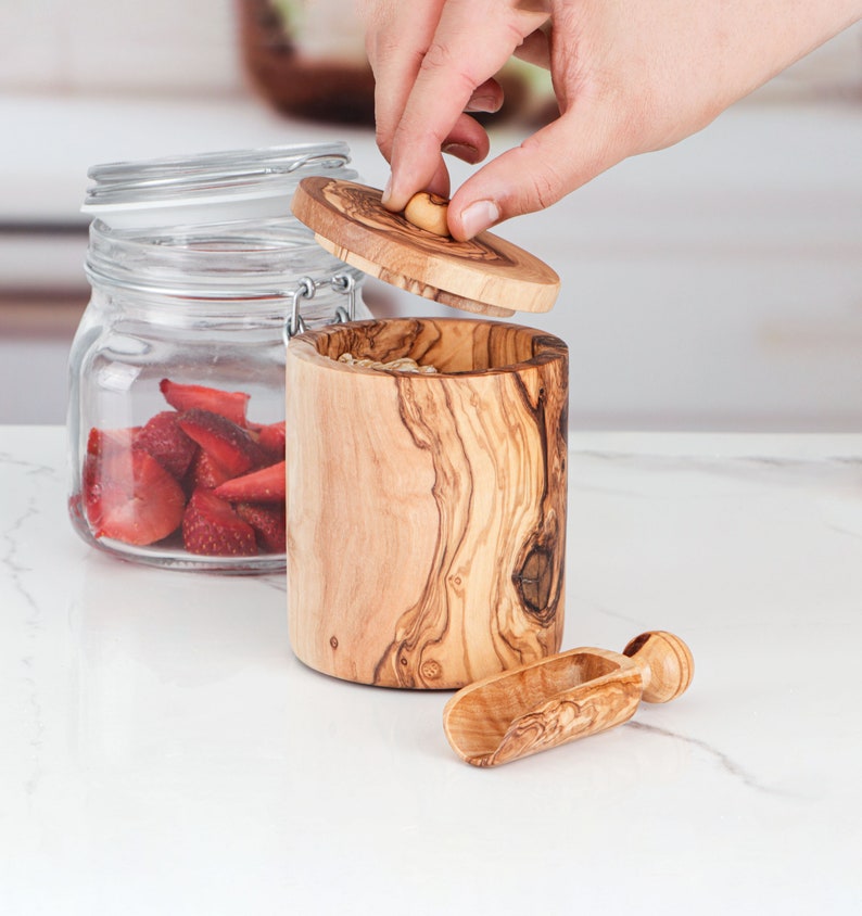 Wood Salt Box Spice Jar, Natural Wooden Salt Cellar With Lid And