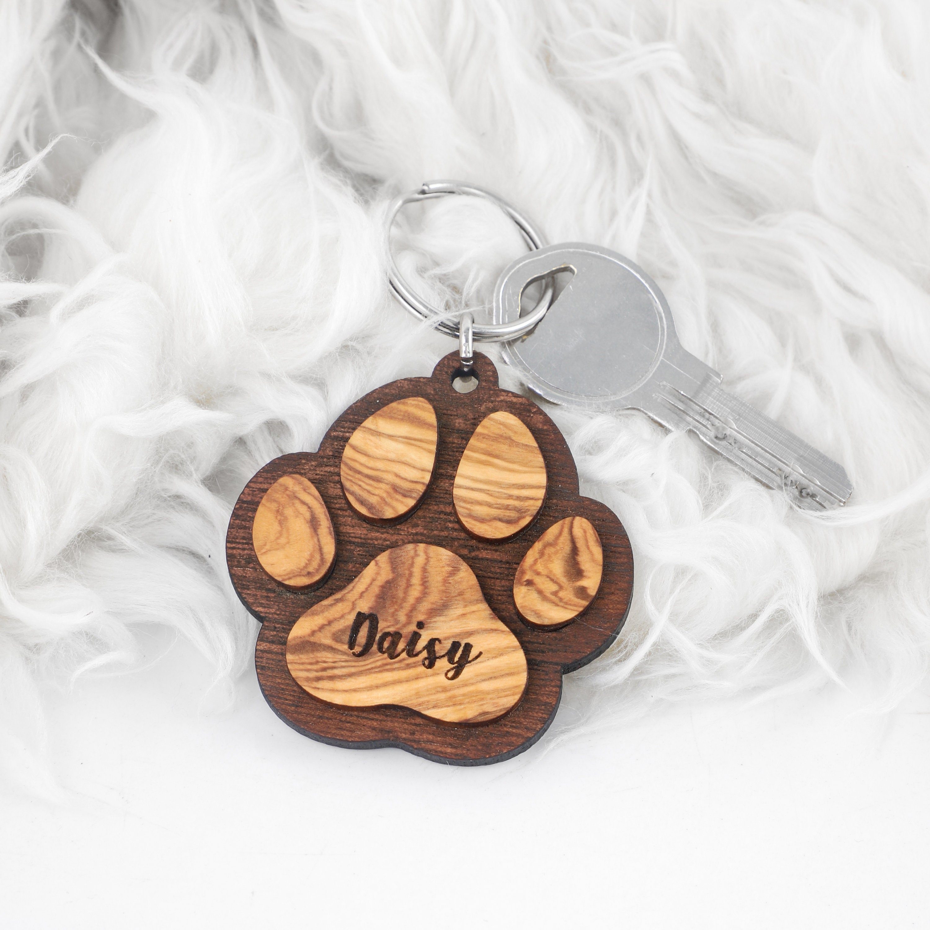 Paw Print Keychain - Dog Paw - Cat Paw Carved Wood Key Ring - Paw Print Wooden Engraved Charm - Animal Paw Print Charm