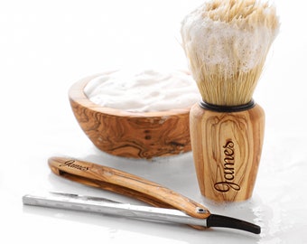 Handmade Olive Wood Shaving Set: Brush & Bowl (Free Personalization + BeesWax Kit)