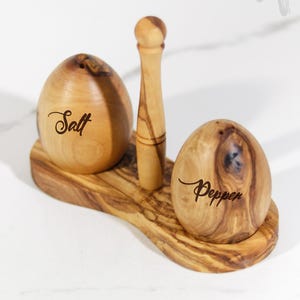 Wooden Salt and pepper shakers with Holder, Salt and Pepper Pots handmade from Tunisian Olive Wood (+Free Beeswax Wood Conditioner)