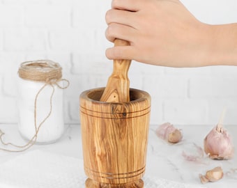 Handmade Olive Wood Mortar and Pestle: Puerto Rican Style Spice Grinder + GIFT BeesWax Kit
