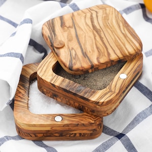 Wooden Salt Cellar with Lid - Olive Wood Salt Box - Two-Compartment Salt Keeper with Lid and Spoon (+FREE Personalisation & Wood Beeswax)