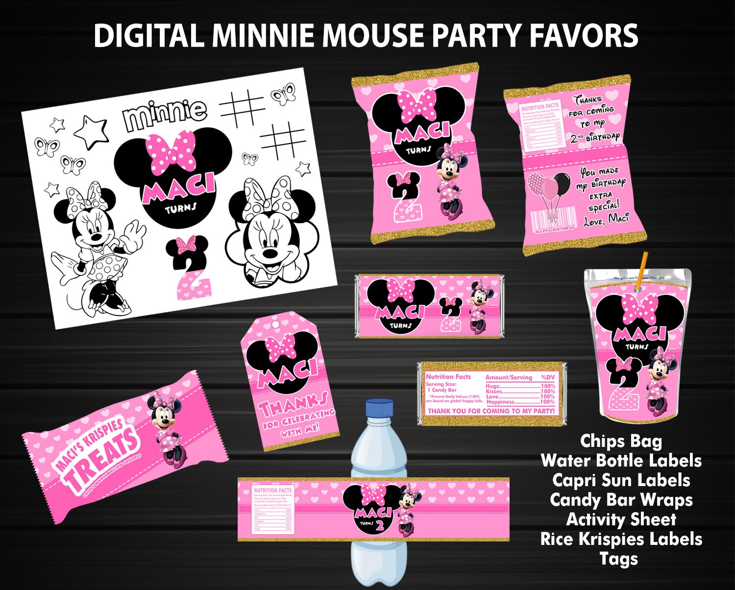 Minnie Mouse Party Favors,Kit Minnie Mouse,Chip Bags,Caprisun,Water L…