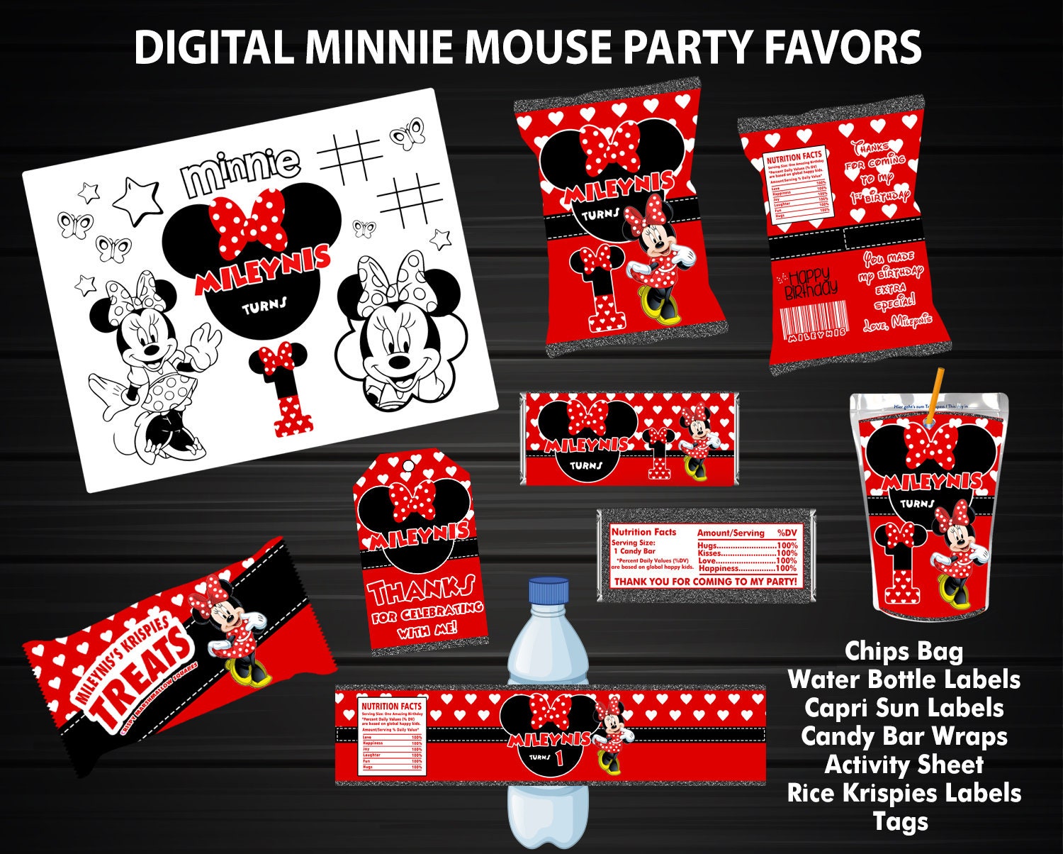 Minnie Mouse Party Favors,Kit Minnie Mouse,Chip Bags,Caprisun,Water L…