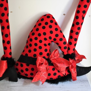 Witch hat and legs set. new for 2022. Red witch set. red black dot polka dot witch hat and legs. witch wreath attachment.