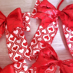 Red heart Christmas bows set of 6.Christmas ornament.red white Christmas tree decoration valentine love decor.