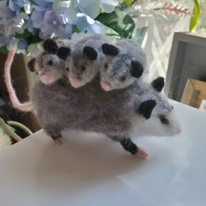 Needle felted Opossum, opossum and three babies, hand felted Mamma Opossum needle felted animals, nature table,