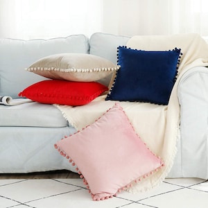 Navy Blue Pillow Cover with Pom Poms Velvet Solid with Pom Poms Throw Pillow
