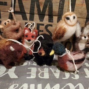Felted animals ornament set felted bear, bizon ornament, monkey ornament, duck ornament, barn owl ornament.