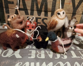 Felted animals ornament set felted bear, bizon ornament, monkey ornament, duck ornament, barn owl ornament.