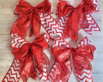 Red glitter bows set of 7 Christmas tree bows.Christmad wreath garland decor ribbon.