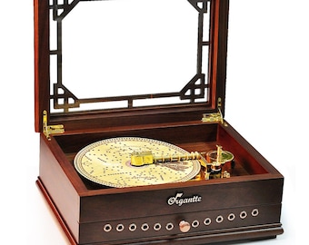 Collectable and turnable walnut wood music box with music disc including 10 recorded songs