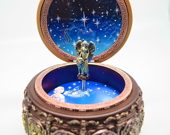 Vintage Music Box with Constellations Rotating Goddess LED Lights Twinkling Resin Carved Mechanism with Sankyo 18-Note Wind Up The Zodiac