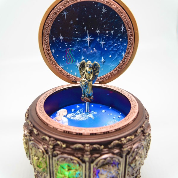 Personalized Vintage Music Box with Constellations Rotating Goddess LED Lights Resin Carved Mechanism with Sankyo 18-Note Wind Up The Zodiac