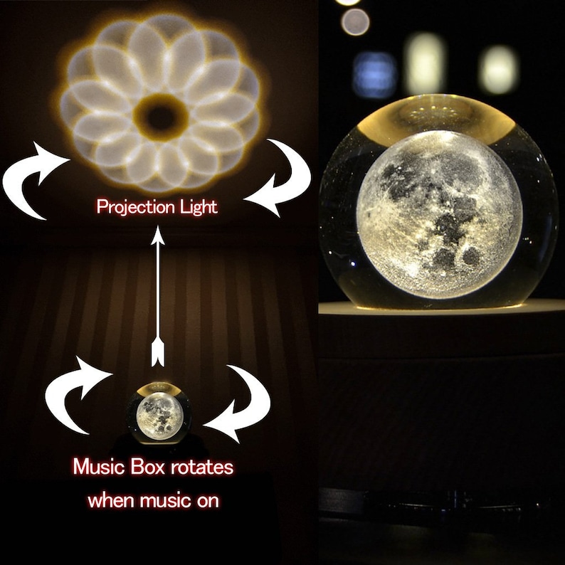 Personalized 3D Crystal Ball Music Box Luminous Rotating with Projection LED Light and Wood Basse Best Gift for Birthday Christmas Moon Crystal