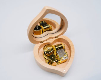 Personalized Heart Shaped Maple Wood Music Box Wind Up and Golden Movement Best Gift for Birthday Christmas