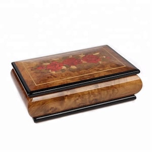 Red Wild Roses Italian Inlaid jewelry box with wood inlay design in matte finish plays Fur Alice