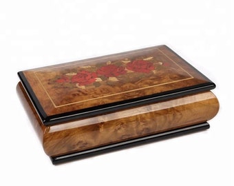 Red Wild Roses Italian Inlaid jewelry box with wood inlay design in matte finish plays Fur Alice