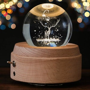 Personalized 3D Crystal Ball Music Box Luminous Rotating with Projection LED Light and Wood Basse Best Gift for Birthday Christmas Elk Crystal