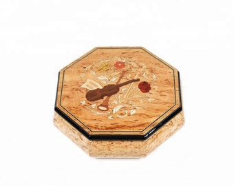 Vintage Octagon Jewelry Music Box with Floral and Violin Inlay