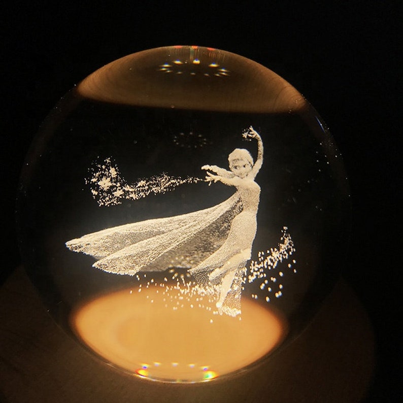 Personalized 3D Crystal Ball Music Box Luminous Rotating with Projection LED Light and Wood Basse Best Gift for Birthday Christmas Elsa Crystal