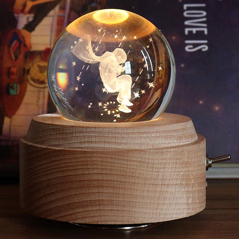 Personalized 3D Crystal Ball Music Box Luminous Rotating with Projection LED Light and Wood Basse Best Gift for Birthday Christmas Prince Crystal