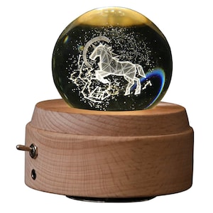 Personalized 3D Crystal Ball Music Box Luminous Rotating with Projection LED Light and Wood Basse Best Gift for Birthday Christmas Unicorn Crystal